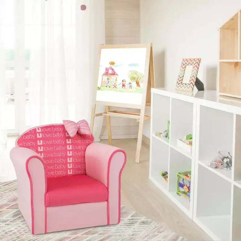 Divano per bambini Costway, simpatico fiocco rosa, divanetto per bambini, poltrona imbottita, legno massello