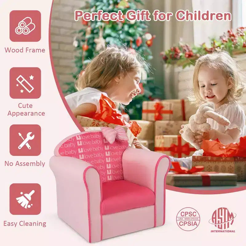 Divano per bambini Costway, simpatico fiocco rosa, divanetto per bambini, poltrona imbottita, legno massello