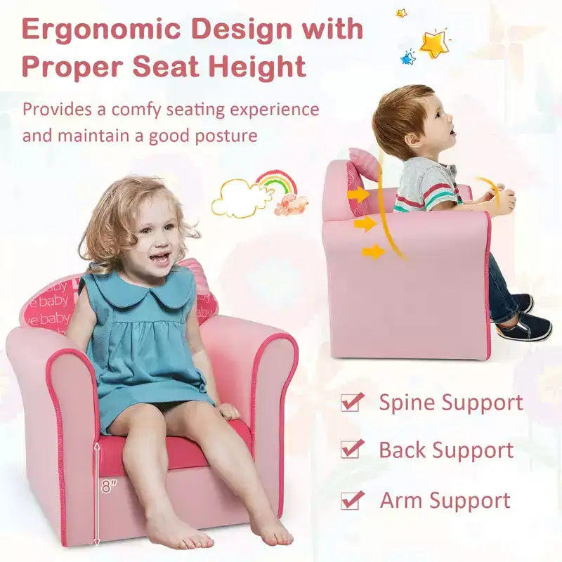 Divano per bambini Costway, simpatico fiocco rosa, divanetto per bambini, poltrona imbottita, legno massello