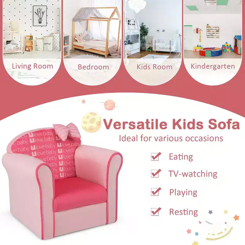 Divano per bambini Costway, simpatico fiocco rosa, divanetto per bambini, poltrona imbottita, legno massello