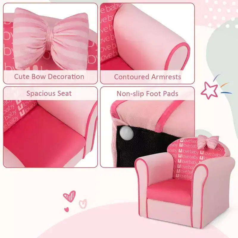 Divano per bambini Costway, simpatico fiocco rosa, divanetto per bambini, poltrona imbottita, legno massello