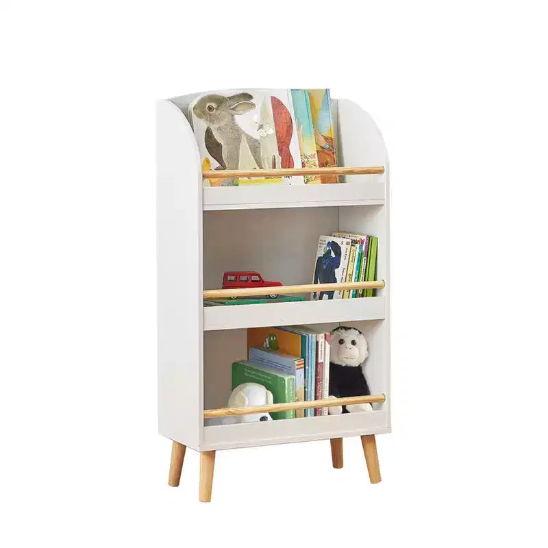 LuxenHome 37.4H Wooden Kids Bookshelf with Anti-Fall Bar, White bookshelf for kids, toy organizers and storage