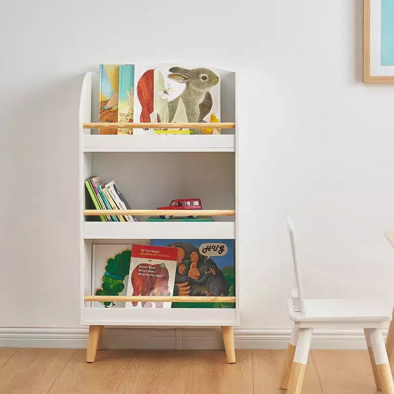LuxenHome Scaffale libreria per bambini in legno 37,4H con barra anticaduta, libreria bianca per bambini, organizzatori e contenitori per giocattoli