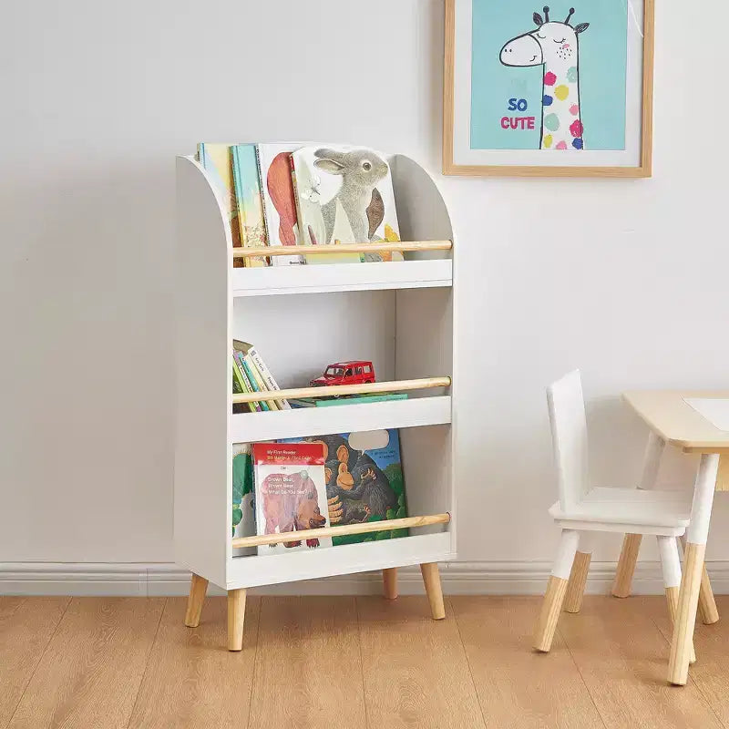 LuxenHome Scaffale libreria per bambini in legno 37,4H con barra anticaduta, libreria bianca per bambini, organizzatori e contenitori per giocattoli