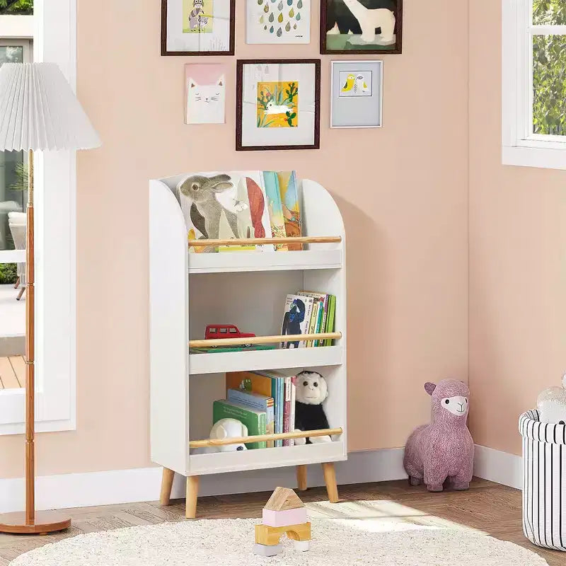 LuxenHome Scaffale libreria per bambini in legno 37,4H con barra anticaduta, libreria bianca per bambini, organizzatori e contenitori per giocattoli