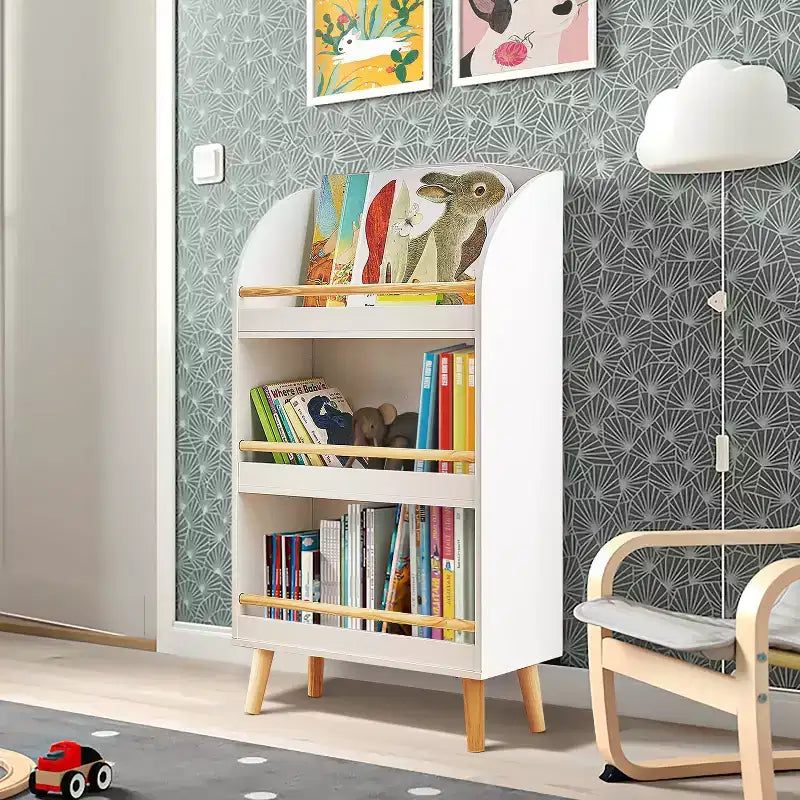 LuxenHome Scaffale libreria per bambini in legno 37,4H con barra anticaduta, libreria bianca per bambini, organizzatori e contenitori per giocattoli