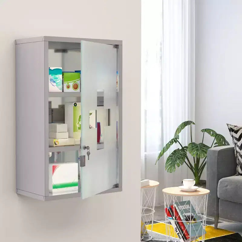 HOMCOM Armadietto dei Medicinali 12 x 20 con Serratura, Scaffali Portaoggetti, Armadietto Medico con Chiusura di Sicurezza, Armadietto da Parete per Bagno di Pronto Soccorso, Argento