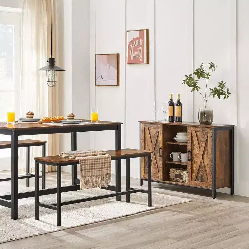 Panca da Pranzo LEDREM, Set da 2, Stile Industriale, Telaio in Acciaio, per Cucina, Soggiorno, 32,5 x 108 x 50 cm, Marrone Rustico + Nero
