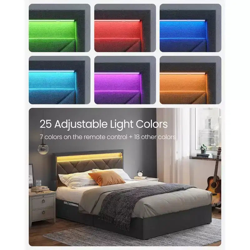 VASAGLE Letto Matrimoniale/Una Piazza e Mezza/Singolo con Testiera e 4 Cassetti, 1 Porta USB e 1 Porta Type C, Testiera Imbottita Regolabile, Grigio