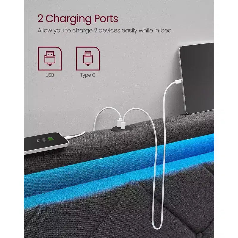 VASAGLE Letto Matrimoniale/Una Piazza e Mezza/Singolo con Testiera e 4 Cassetti, 1 Porta USB e 1 Porta Type C, Testiera Imbottita Regolabile, Grigio