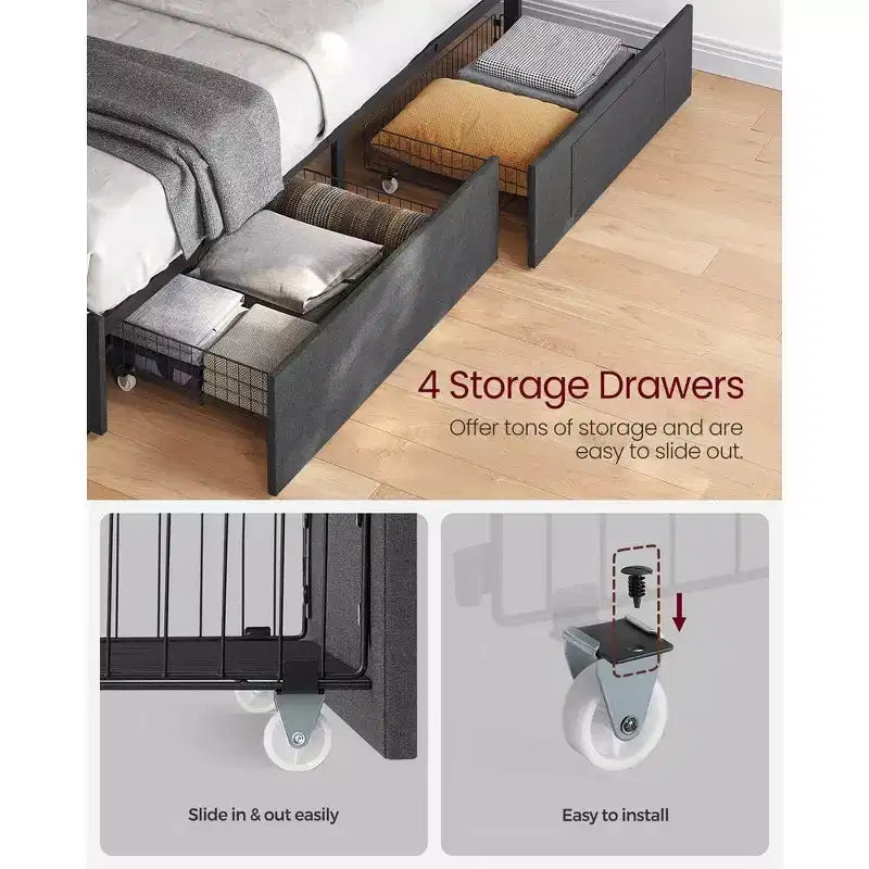 VASAGLE Letto Matrimoniale/Una Piazza e Mezza/Singolo con Testiera e 4 Cassetti, 1 Porta USB e 1 Porta Type C, Testiera Imbottita Regolabile, Grigio