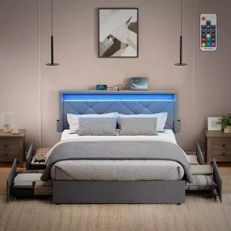 VASAGLE Letto Matrimoniale/Una Piazza e Mezza/Singolo con Testiera e 4 Cassetti, 1 Porta USB e 1 Porta Type C, Testiera Imbottita Regolabile, Grigio