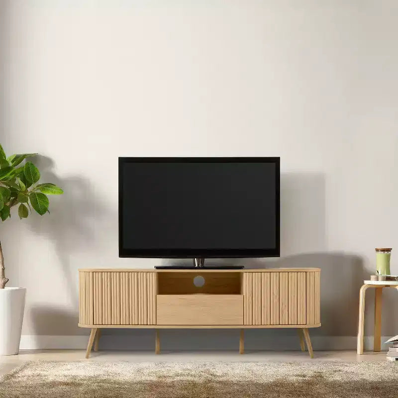 JONATHAN Y TVS1001A Damien Mobile TV curvo stile rustico da 70 pollici con cassetto e ante contenitore Adatto a TV fino a 75 pollici con gestione cavi