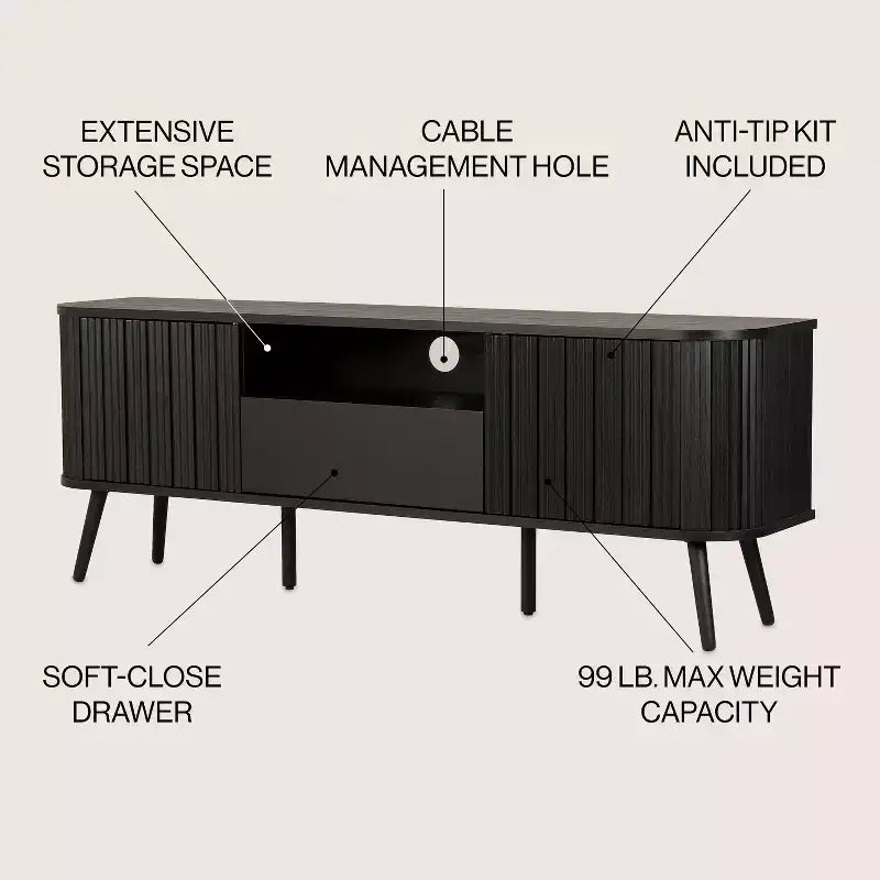 JONATHAN Y TVS1001A Damien Mobile TV curvo stile rustico da 70 pollici con cassetto e ante contenitore Adatto a TV fino a 75 pollici con gestione cavi