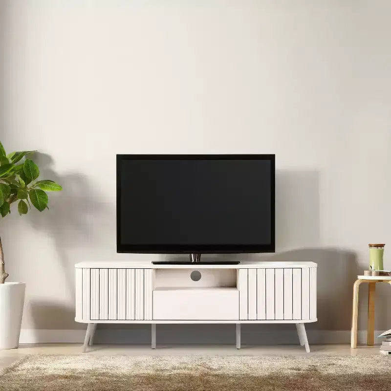 JONATHAN Y TVS1001A Damien Mobile TV curvo stile rustico da 70 pollici con cassetto e ante contenitore Adatto a TV fino a 75 pollici con gestione cavi