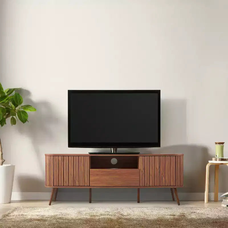 JONATHAN Y TVS1001A Damien Mobile TV curvo stile rustico da 70 pollici con cassetto e ante contenitore Adatto a TV fino a 75 pollici con gestione cavi