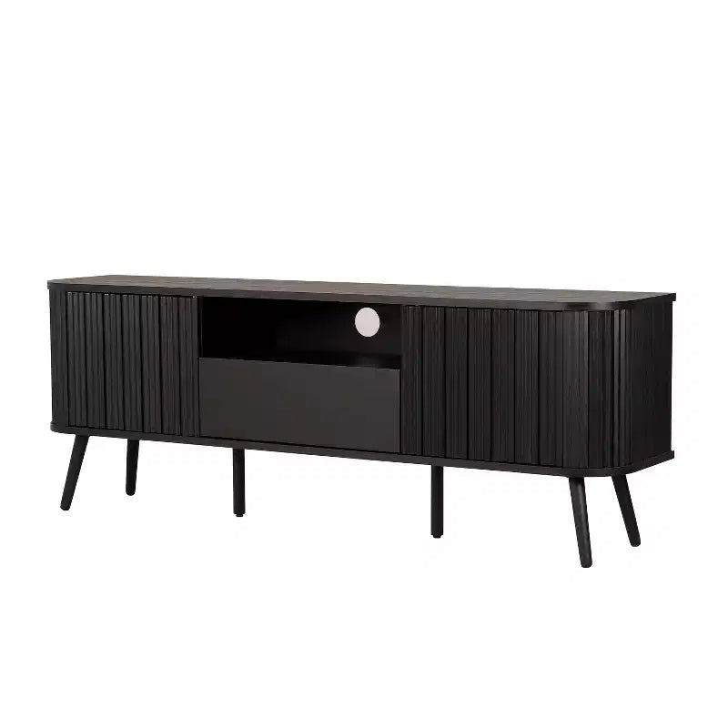 JONATHAN Y TVS1001A Damien 70 in. Farmhouse Curved TV Stand with Drawer and Storage Doors Fits TVs up to 75 in. with Cable Management