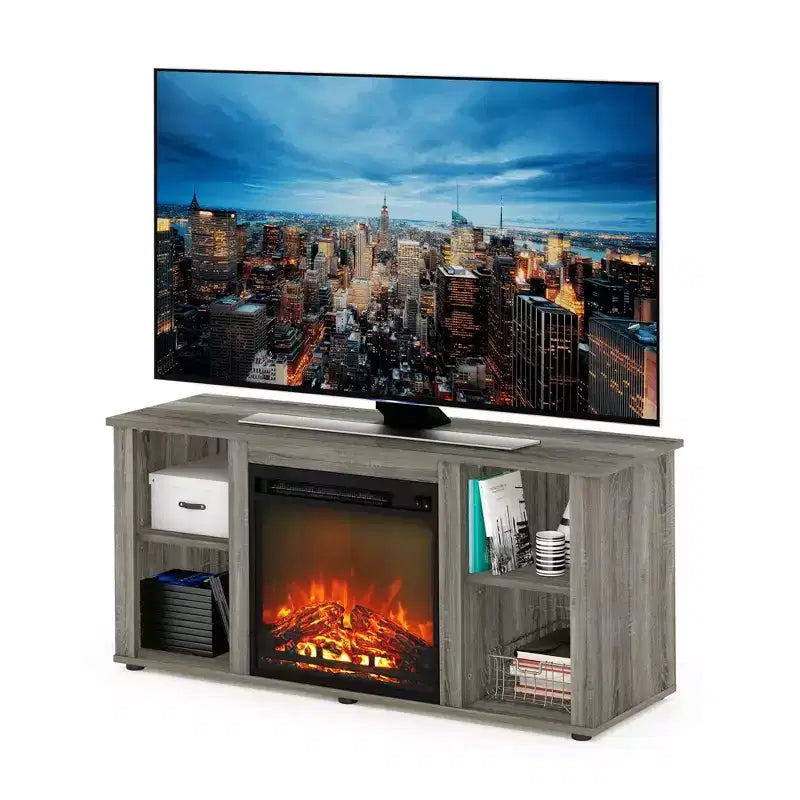 Mobile porta TV con caminetto Furinno, centro di intrattenimento, consolle TV con ripiano aperto, per TV fino a 55 pollici, rovere francese grigio