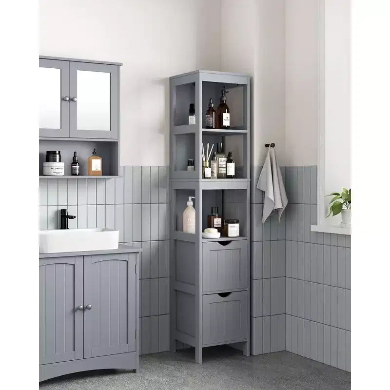 VASAGLE Armadietto a Terra per Bagno, Mobiletto Contenitore per Bagno, Scaffale Organizer, Unità Angolare Multifunzionale a 2 Cassetti