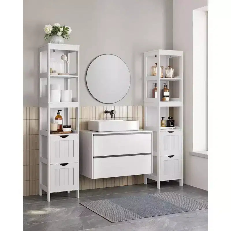 VASAGLE Armadietto a Terra per Bagno, Mobiletto Contenitore per Bagno, Scaffale Organizer, Unità Angolare Multifunzionale a 2 Cassetti