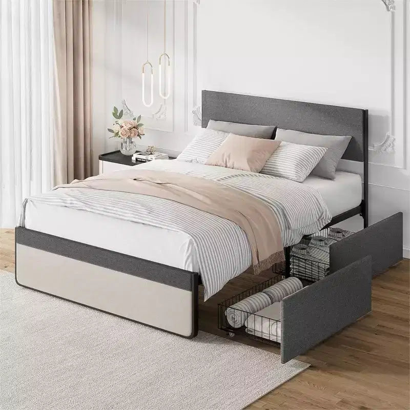 Whizmax Two Size Platform Bed Frame with 2 Storage Drawers, Fabric Upholstered, No Box Spring Needed, Noise Free, Easy Assembly, Gray