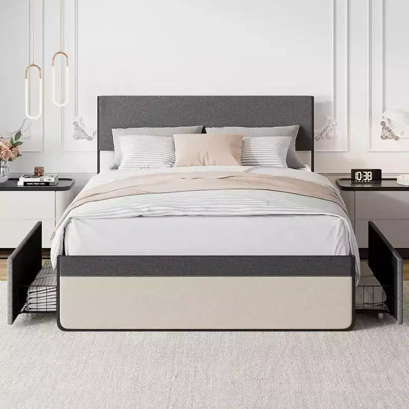Base letto a piattaforma Whizmax due misure con 2 cassetti portaoggetti, rivestita in tessuto, non necessita di rete a molle, senza rumore, facile da montare, grigio