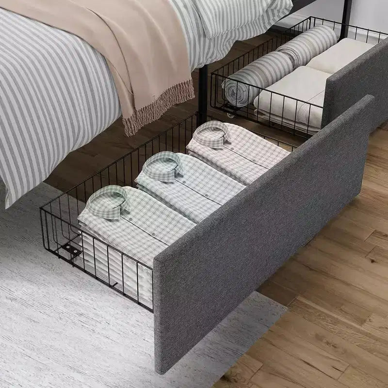 Base letto a piattaforma Whizmax due misure con 2 cassetti portaoggetti, rivestita in tessuto, non necessita di rete a molle, senza rumore, facile da montare, grigio