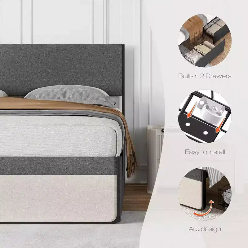 Base letto a piattaforma Whizmax due misure con 2 cassetti portaoggetti, rivestita in tessuto, non necessita di rete a molle, senza rumore, facile da montare, grigio