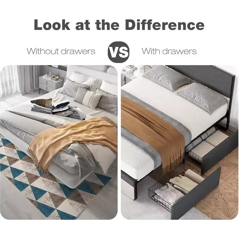 Base letto a piattaforma Whizmax due misure con 2 cassetti portaoggetti, rivestita in tessuto, non necessita di rete a molle, senza rumore, facile da montare, grigio