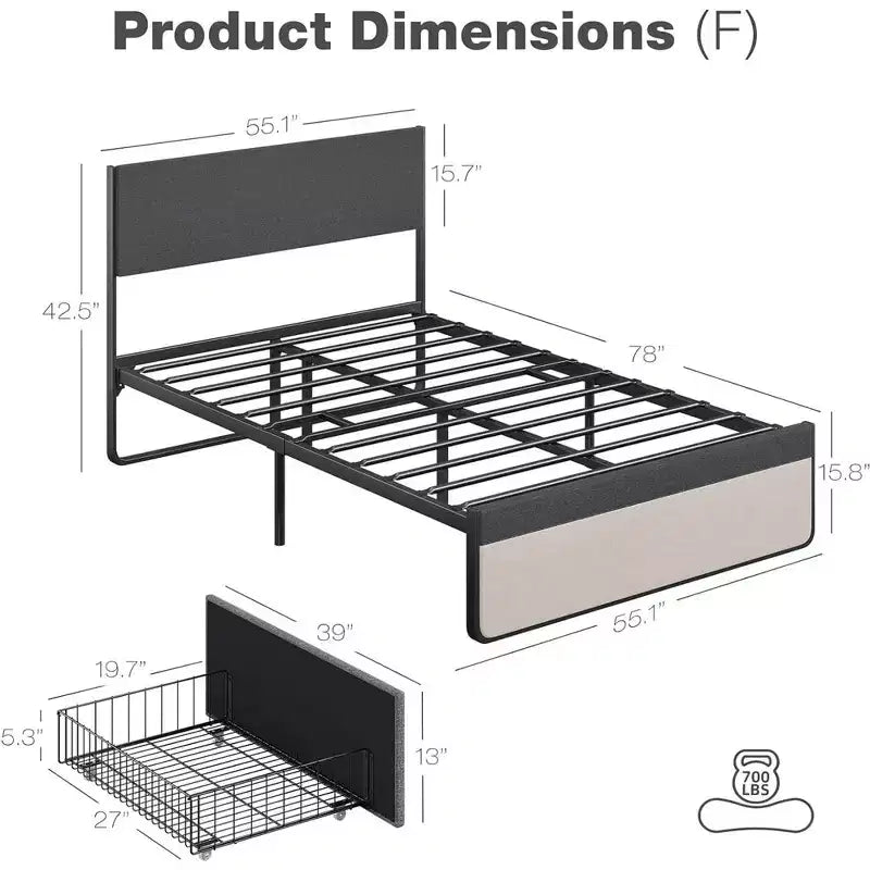 Base letto a piattaforma Whizmax due misure con 2 cassetti portaoggetti, rivestita in tessuto, non necessita di rete a molle, senza rumore, facile da montare, grigio