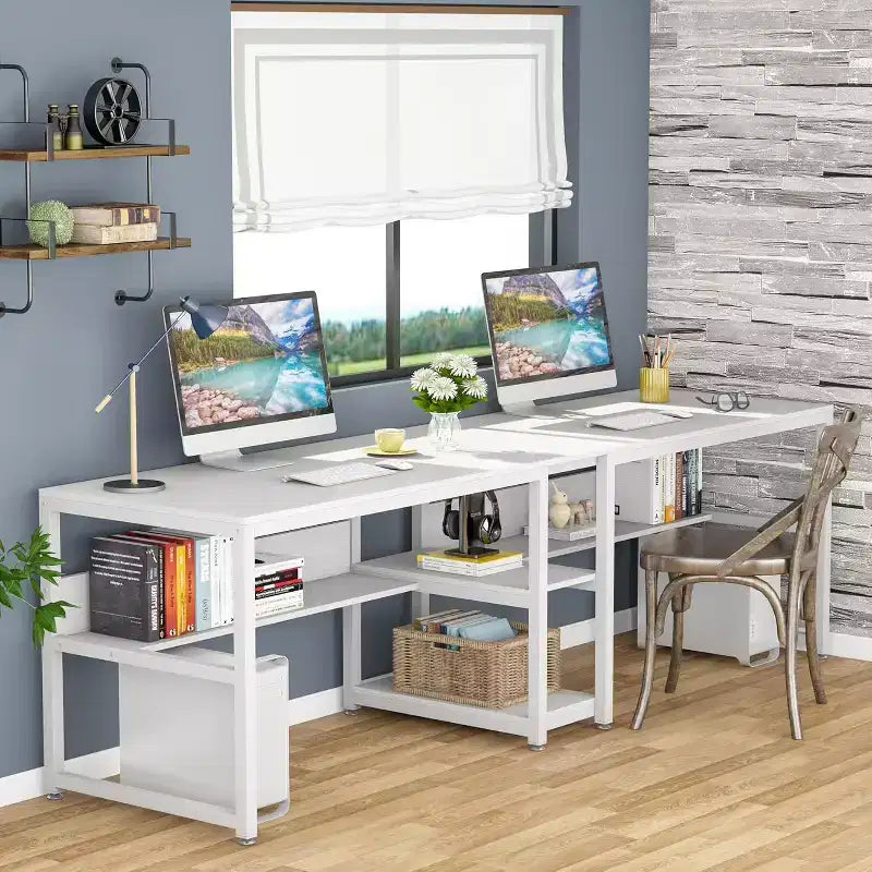 Scrivania Lantine per due persone con libreria, scrivania doppia da ufficio per computer da 78,7 pollici, postazione di lavoro con scrivania e ripiano per l'home office