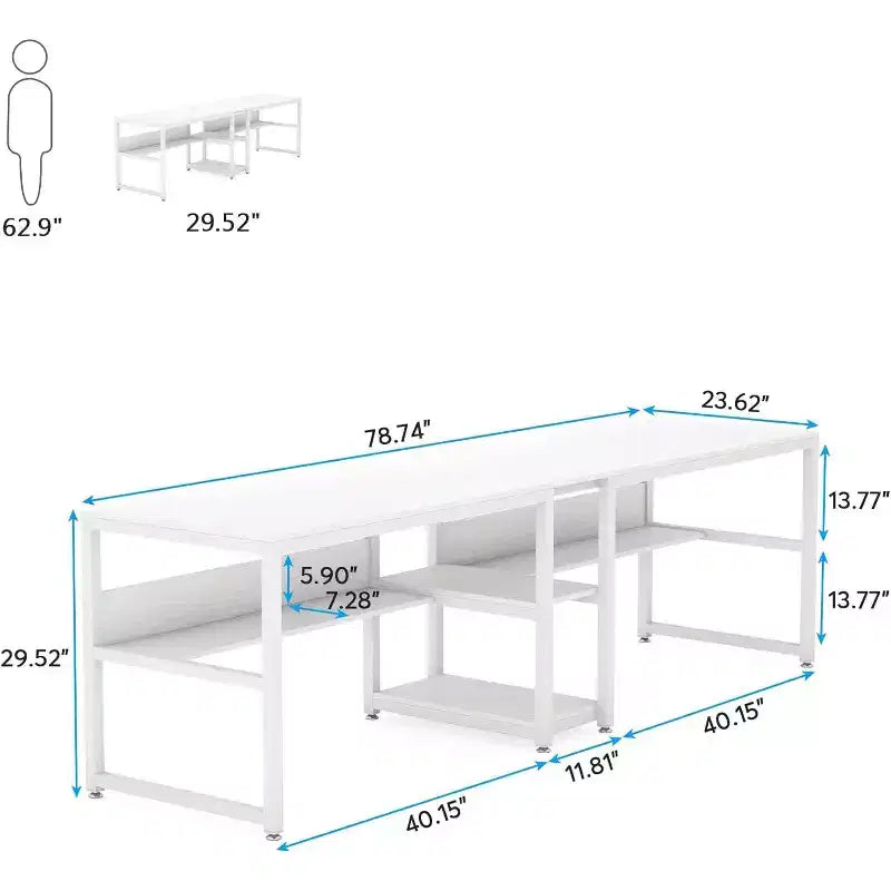 Scrivania Lantine per due persone con libreria, scrivania doppia da ufficio per computer da 78,7 pollici, postazione di lavoro con scrivania e ripiano per l'home office