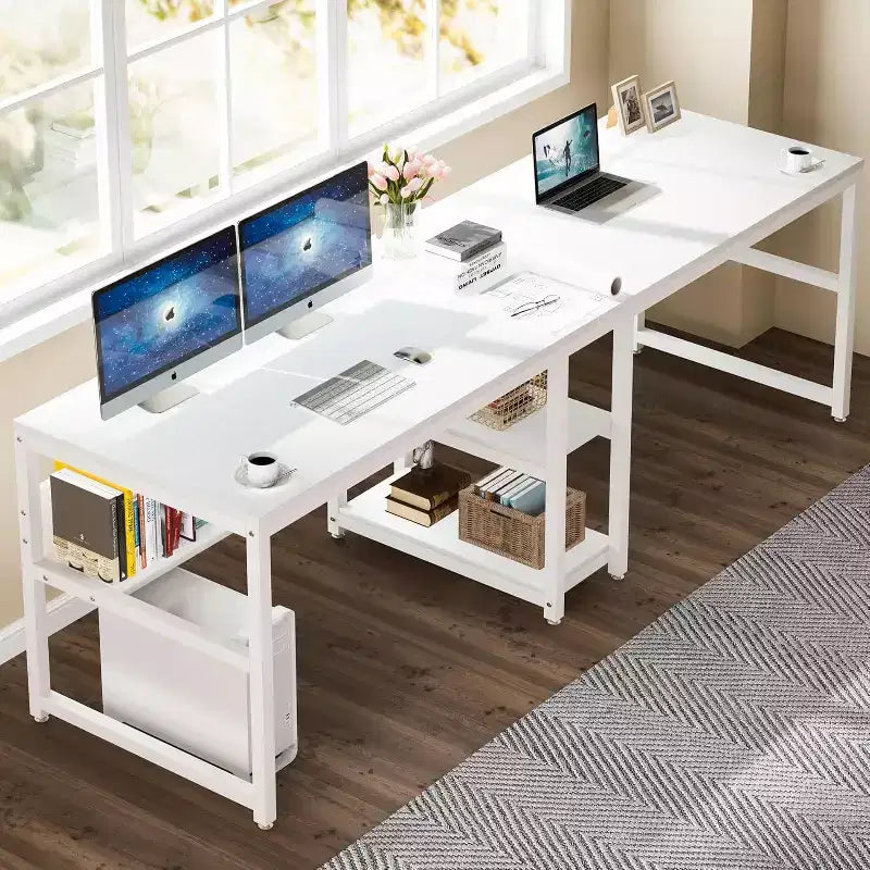 Scrivania Lantine per due persone con libreria, scrivania doppia da ufficio per computer da 78,7 pollici, postazione di lavoro con scrivania e ripiano per l'home office