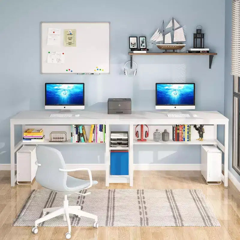 Scrivania Lantine per due persone con libreria, scrivania doppia da ufficio per computer da 78,7 pollici, postazione di lavoro con scrivania e ripiano per l'home office