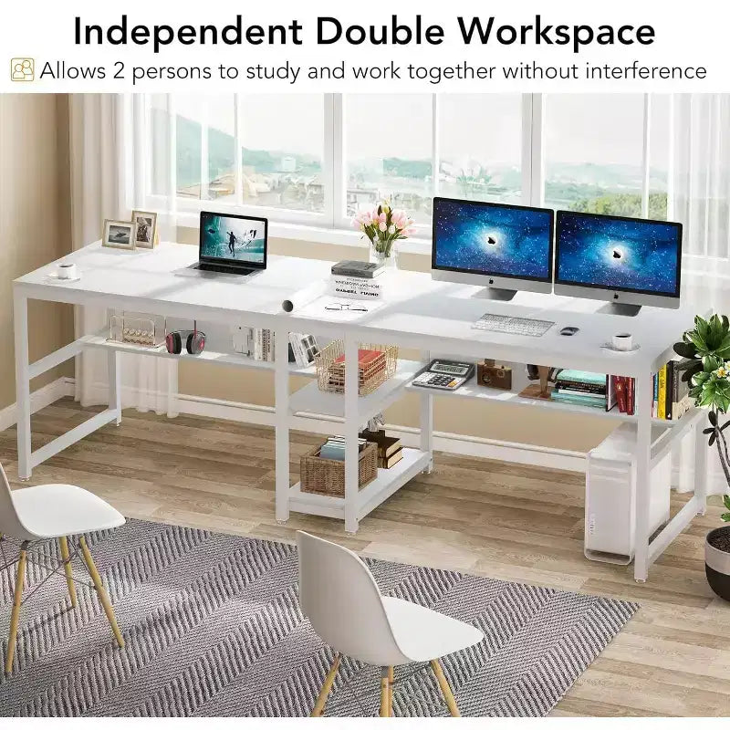 Scrivania Lantine per due persone con libreria, scrivania doppia da ufficio per computer da 78,7 pollici, postazione di lavoro con scrivania e ripiano per l'home office