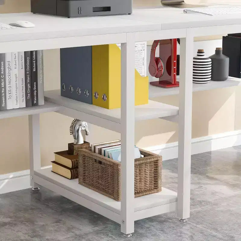 Scrivania Lantine per due persone con libreria, scrivania doppia da ufficio per computer da 78,7 pollici, postazione di lavoro con scrivania e ripiano per l'home office