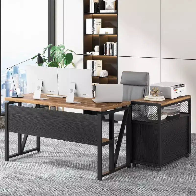 Scrivania per computer a L Lantine da 55 pollici con mensole e schedario mobile, scrivania direzionale per set di mobili da ufficio domestico