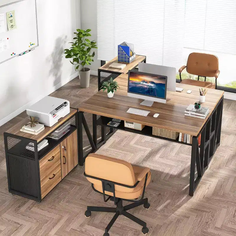 Scrivania per computer a L Lantine da 55 pollici con mensole e schedario mobile, scrivania direzionale per set di mobili da ufficio domestico