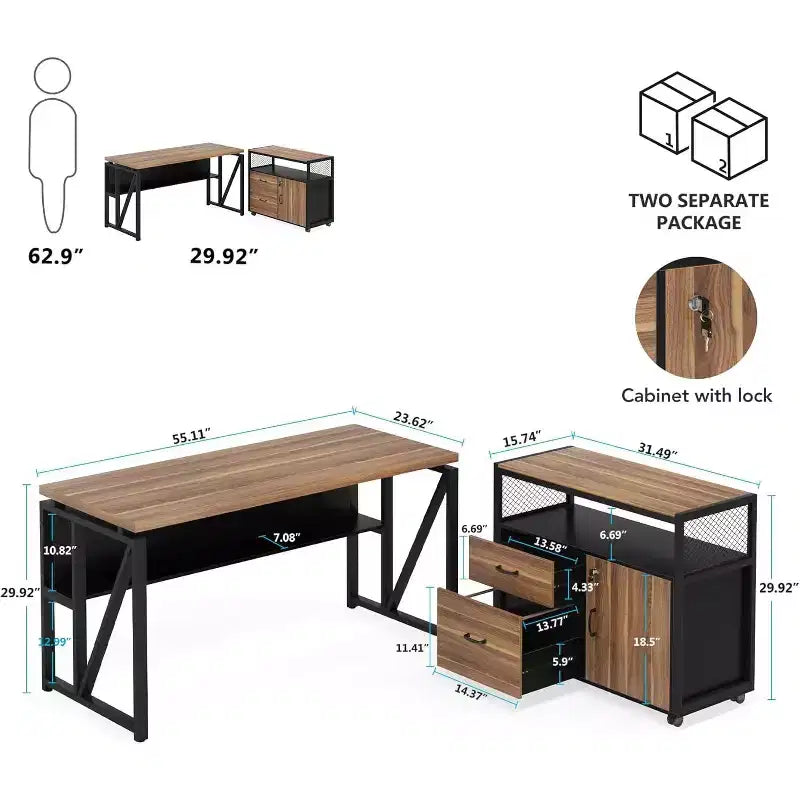 Scrivania per computer a L Lantine da 55 pollici con mensole e schedario mobile, scrivania direzionale per set di mobili da ufficio domestico