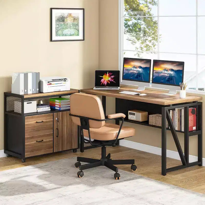 Scrivania per computer a L Lantine da 55 pollici con mensole e schedario mobile, scrivania direzionale per set di mobili da ufficio domestico