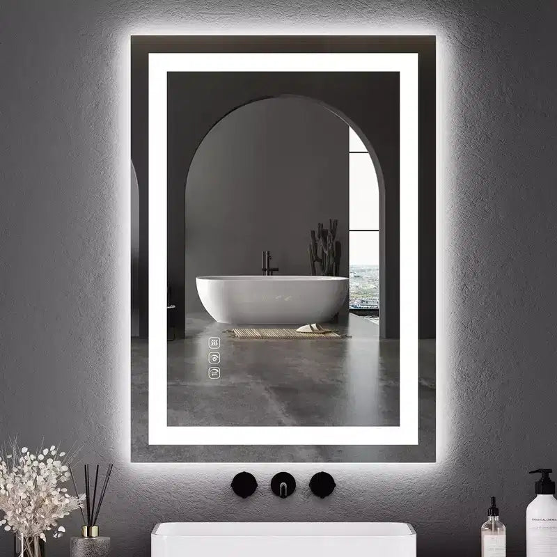 Whizmax LED Bathroom Mirror Wall-Mounted Vanity Mirrors Stepless Dimmable Wall Mirrors with Anti-Fog, Backlit + Front Lit, Tempered Glass