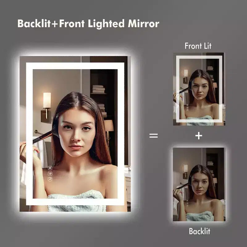 Whizmax Specchio LED da Bagno Specchi da Trucco a Parete Dimmerabili Senza Scatti con Antiappannamento, Retroilluminato + Illuminazione Frontale, Vetro Temperato