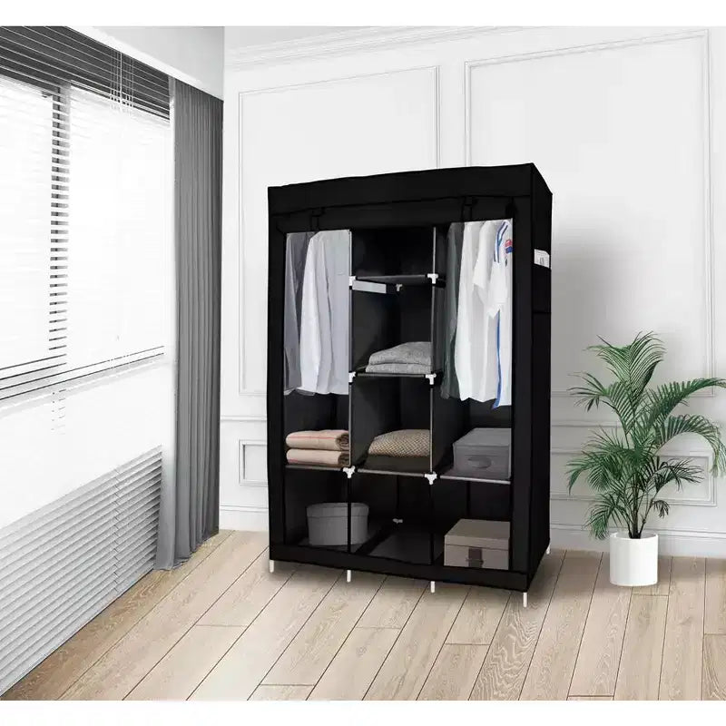 J&V TEXTILES Armadio Portatile Guardaroba per Appendere Vestiti con 8 Ripiani, 2 Aste Appendiabiti e 4 Tasche, Armadio Autoportante