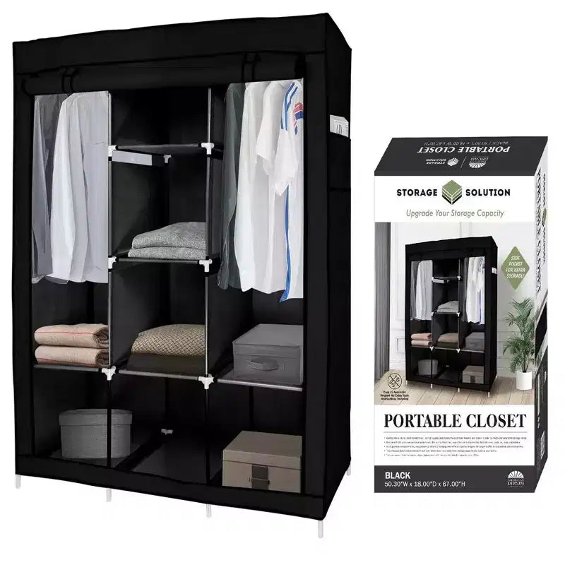J&V TEXTILES Armadio Portatile Guardaroba per Appendere Vestiti con 8 Ripiani, 2 Aste Appendiabiti e 4 Tasche, Armadio Autoportante