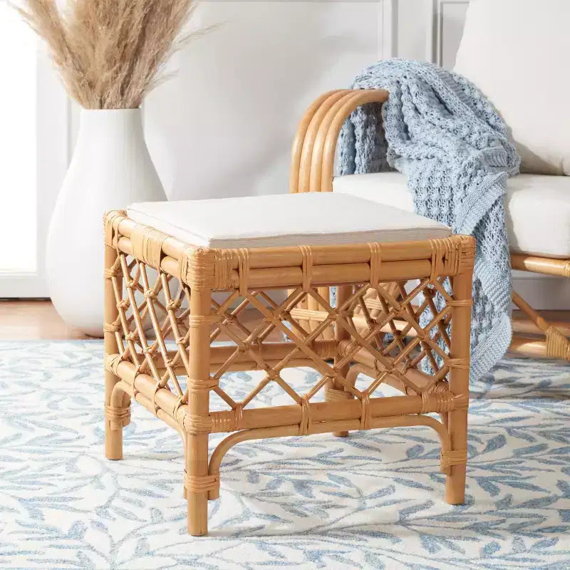 Pouf in Rattan Larroux con Cuscino - SEA7044 - Miele/Bianco - Safavieh