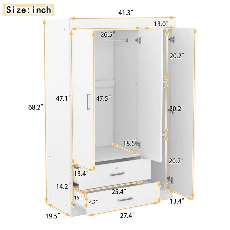 3-Door Mirror Wardrobe with Shelves and 2 Drawers
