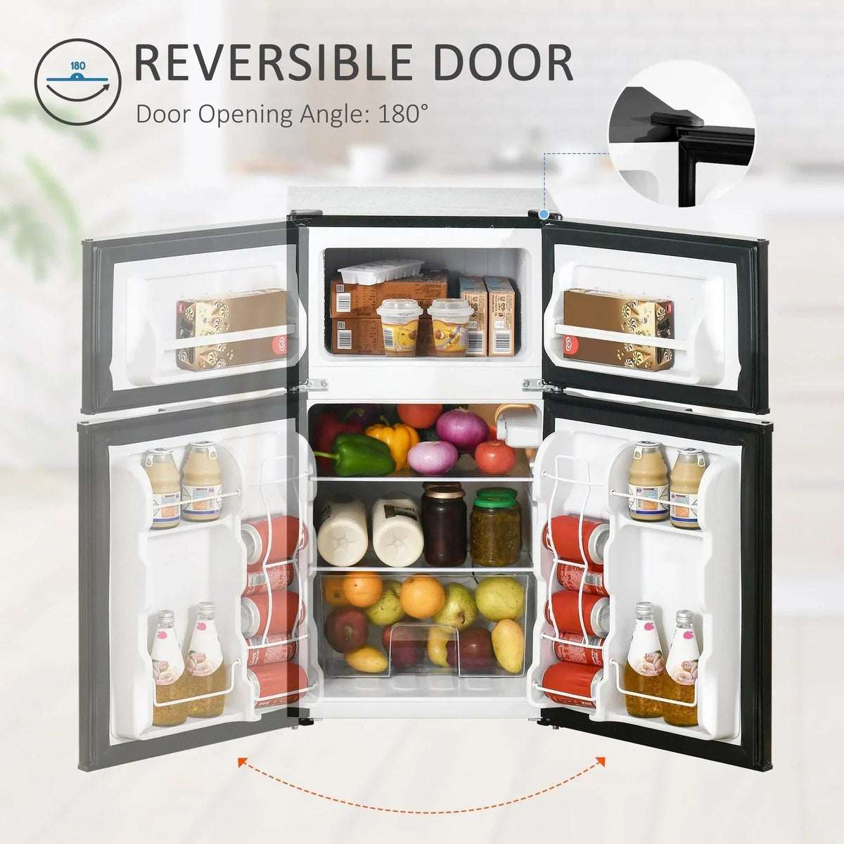 HOMCOM Double Door Mini Fridge with Freezer, 3.2 Cu.Ft Compact Refrigerator with Adjustable Shelf, Adjustable Thermostat